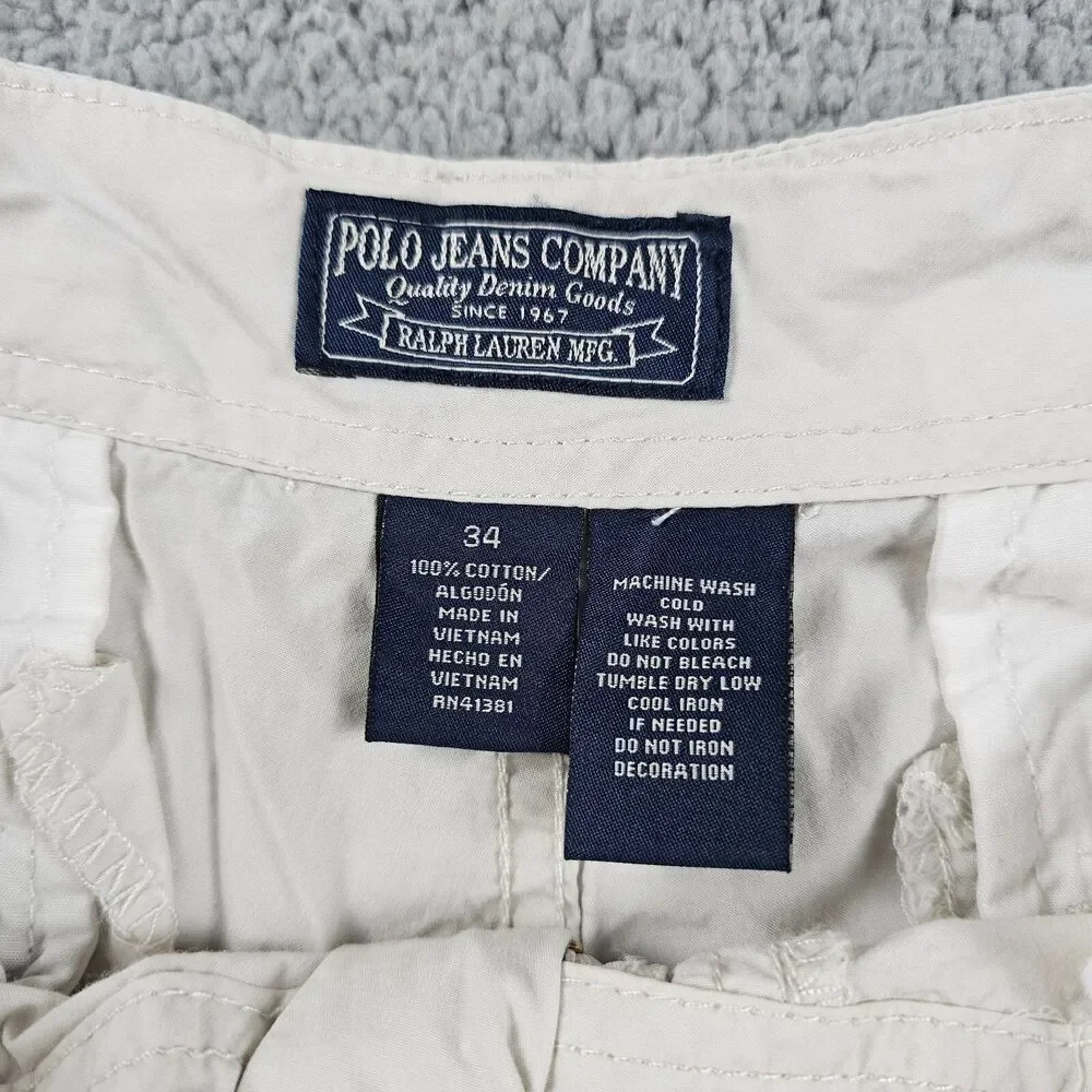 Vintage Polo Jeans Co Short Mens 34 Cream Cargo Military 90s Skater Baggy Casual
